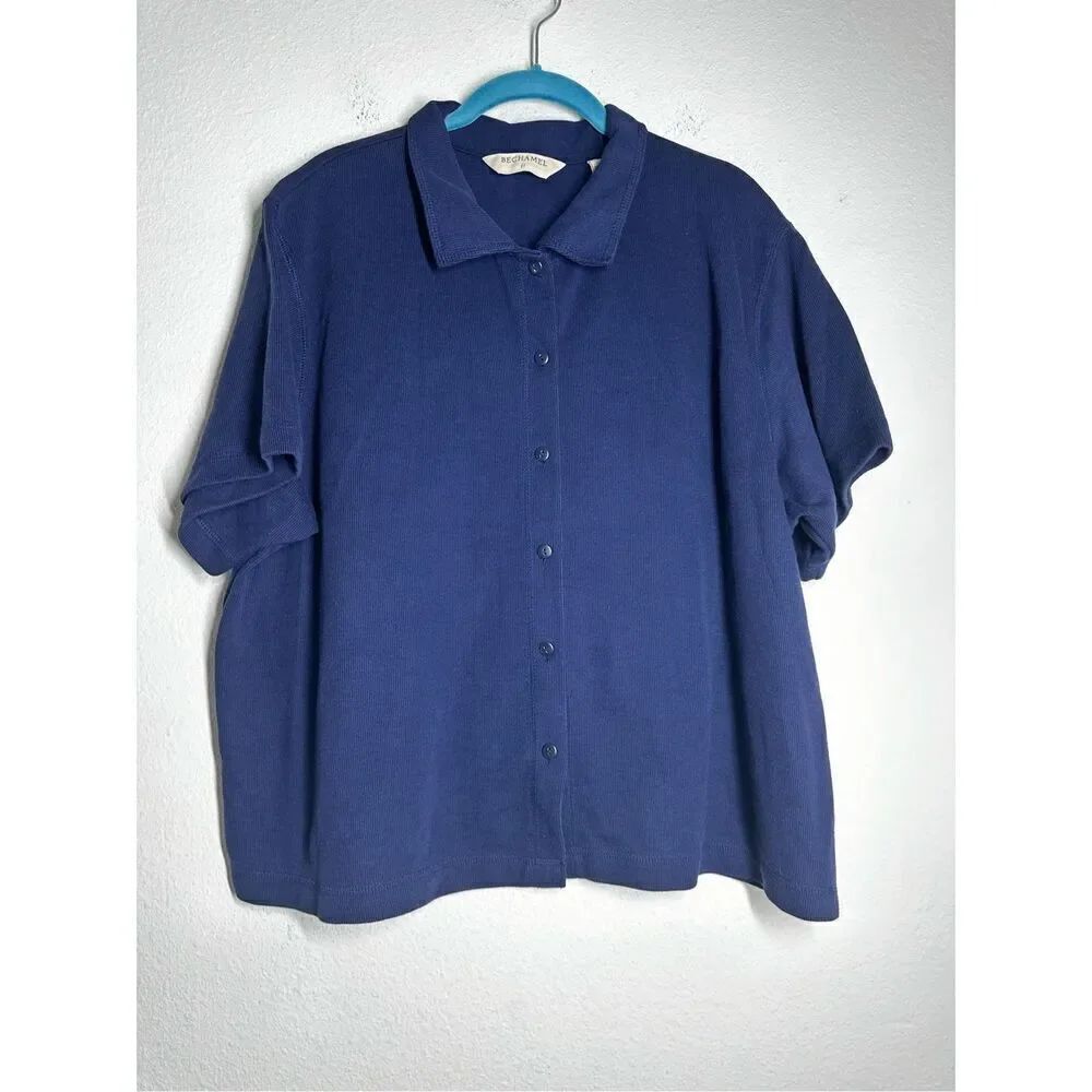 Vintage Bechamel Women’s  Short Sleeve Blue Cotton Blend Buttoned Shirt Sz 1X